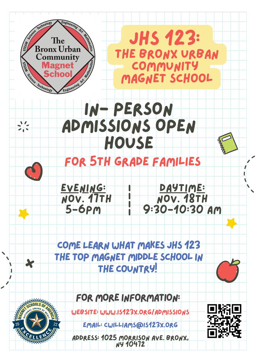 Come join us! This Thursday and Friday all 5th grade families are invited to our Admissions Open House and School Tour at JHS 123: The Bronx Urban Community Magnet School! See the attached fliers for details. Hope to see you there!