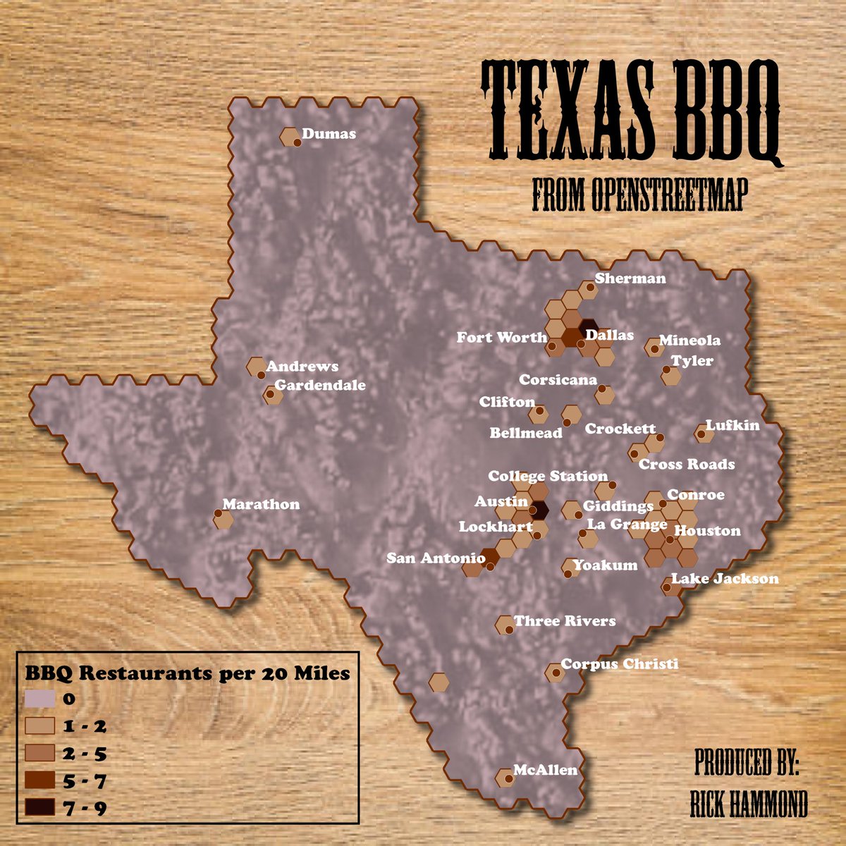 Day 13 &amp; 14 of the #30DayMapChallenge Hexagons and Food &amp; Drink: #Texas #BBQ restaurants, data from #OpenStreetMap. #cartography #qgis