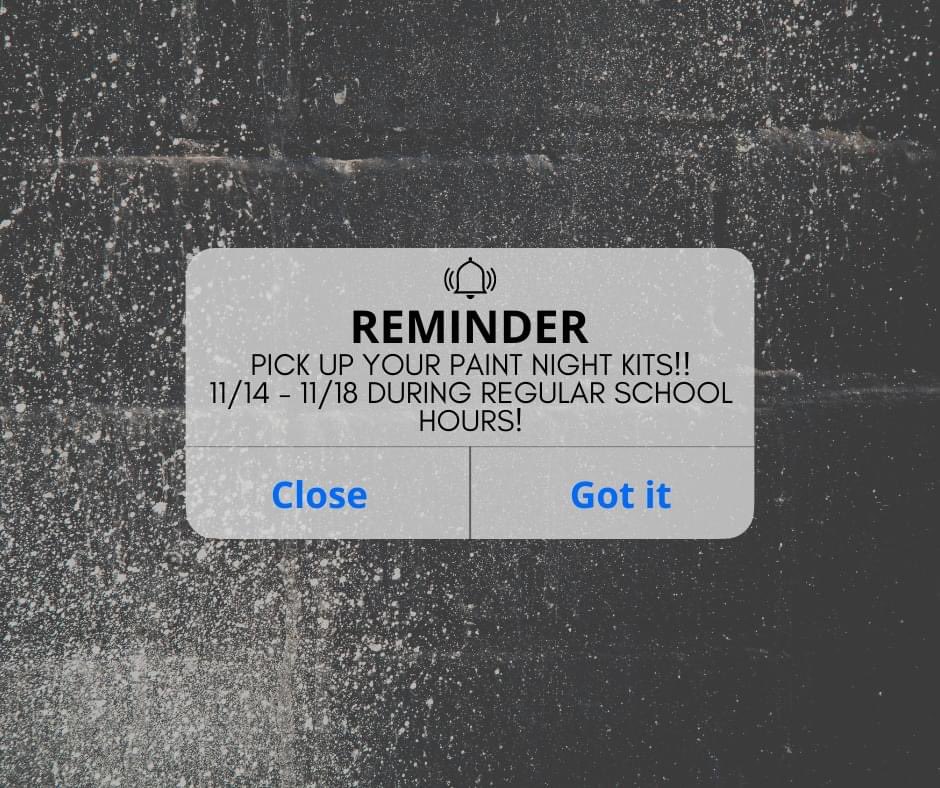 Reminder KES painters!! 
Pick up your paint night kits at KES during regular school hours all week!! If you cannot make it to KES during regular schools hours, please email us to make alternative arrangements!
We can't wait for Friday!