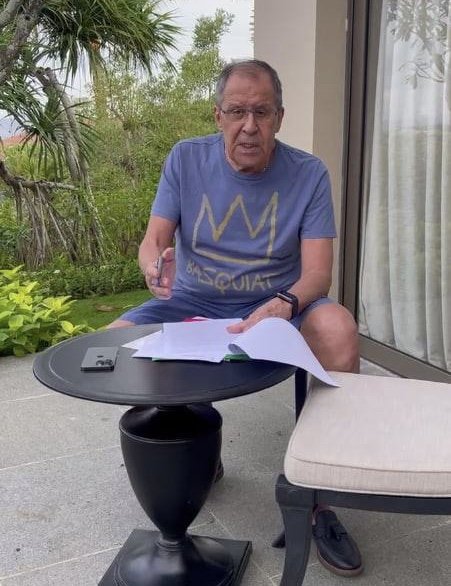 DarthPutinKGB's tweet photo. Rumors of Lavrov's hospitalization begin after he wears T-Shirt with suspiciously pro Ukrainian symbol and colors. https://t.co/0qpb4qS1Ps