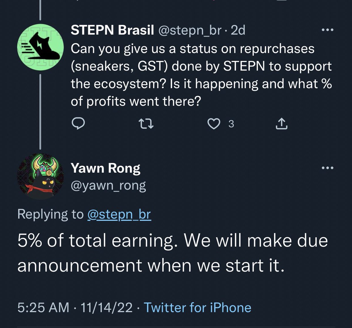 ktrainUSA_STEPN's tweet image. STEPN will announce when they start their buybacks. 

“5% of total earning. We will make due announcement when we start it.” -@yawn_rong