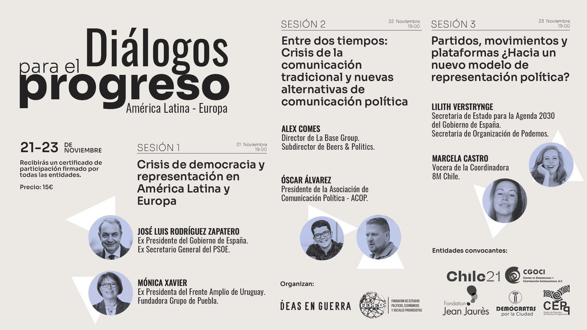 ideasenguerra's tweet photo. ¡Ya está aquí!

#DiálogosParaElProgreso ❤️💬

Del 21 al 23 de noviembre organizamos, junto @fepesp_org, un curso sobre crisis de representación, comunicación política y nuevas formas de organización.

Precio: 15€
Diploma acreditativo

📌 Inscríbete en https://t.co/8LuDWjuhk6 https://t.co/b7eSBBjoYD