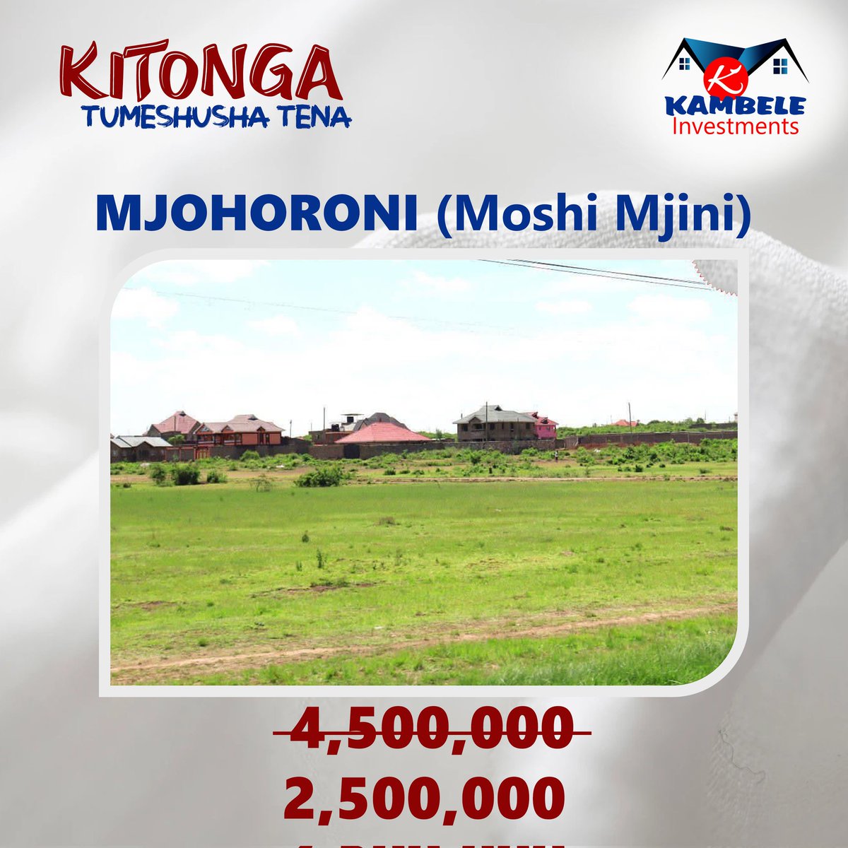 Viwanja_Arusha's tweet photo. #KITONGA Tumeshusha Tenaaa....
MJOHORONI (Moshi mjini)
#vunjabei kutoka Tsh 4,500,000 sasa ni Tsh2,500,000 tu. Na unalipa kwa awamu ndani ya miezi sita, Karibu sana.
______________Wasiliana nasi______________
☎️: 0762 875 055 / +255762875055 https://t.co/MkjqlOCQqo