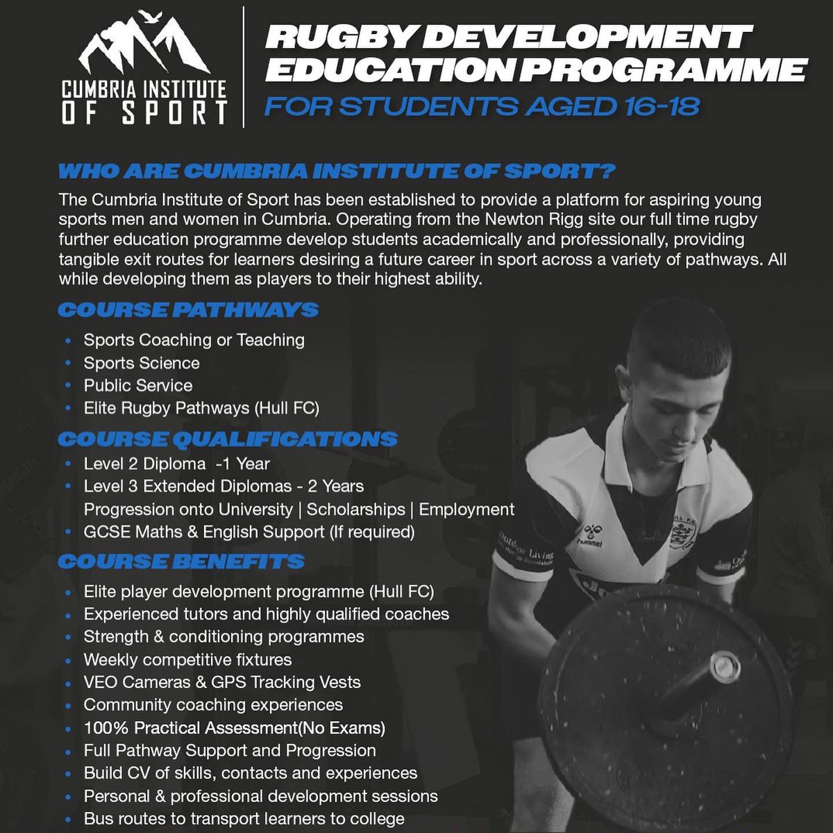 CumbriaSport's tweet photo. 🗣️If you are leaving school this year and want to combine Football or Rugby with education apply via the link in our bio!

🤝 We have links with @ShrimpsOfficial official &amp; @hullfcofficial 

🔗https://t.co/sC0iNVZ37F and click APPLY NOW.

#Football #Rugby #Academy https://t.co/g1GUEKaL0c