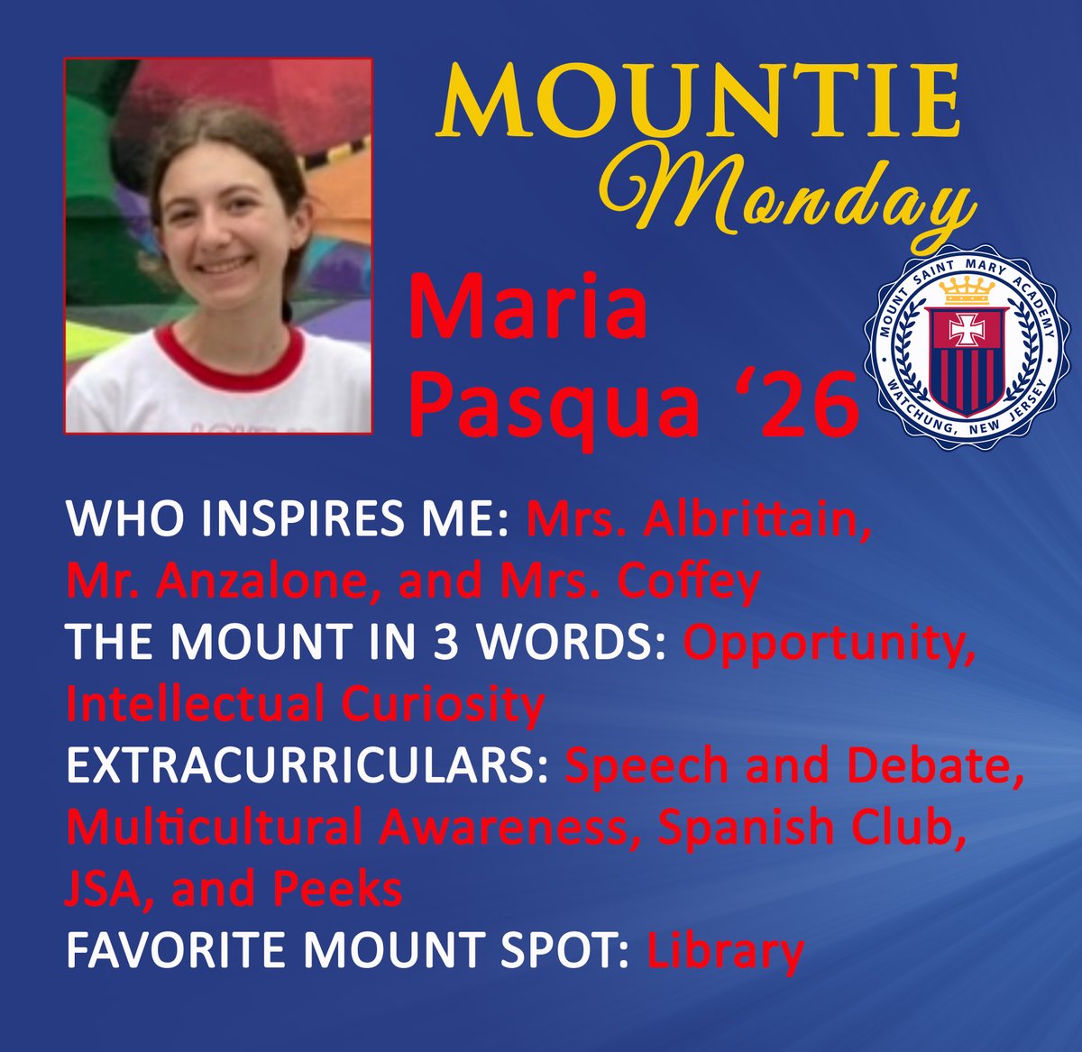 This week's Mountie Monday features freshman, Maria Pasqua '26, and all of the aspects of what makes Mount Saint Mary Academy special to her!
#mountsaintmaryacademy #TheMount #mountclassof2026 #successfuljourneysbeginhere