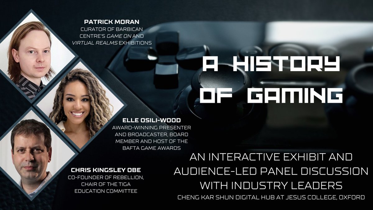 JesusOxford's tweet photo. EVENT: ‘A History of Gaming’ - Tues 29th Nov (5.30pm) 
The history of gaming is a story of creativity &amp; innovation, so what can it teach academia?  Join a stellar line-up of experts in discussion &amp; play consoles &amp; games from 1980s onwards.
Tickets £10:
 https://t.co/bmjyJySTog https://t.co/jNLD39kNxK