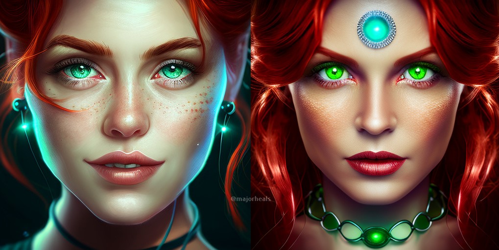 Majorheals's tweet photo. She have grace, knowledge of the stars, her strenght is well known around here. 
Her hairs, Red as wild flames of a burning passion.

#QueenOf 
#digitalpainting 
#digitalart 
#redheadgirl
#greeneyes
#NewEraOnMetaverse https://t.co/BfnMpmcGsk