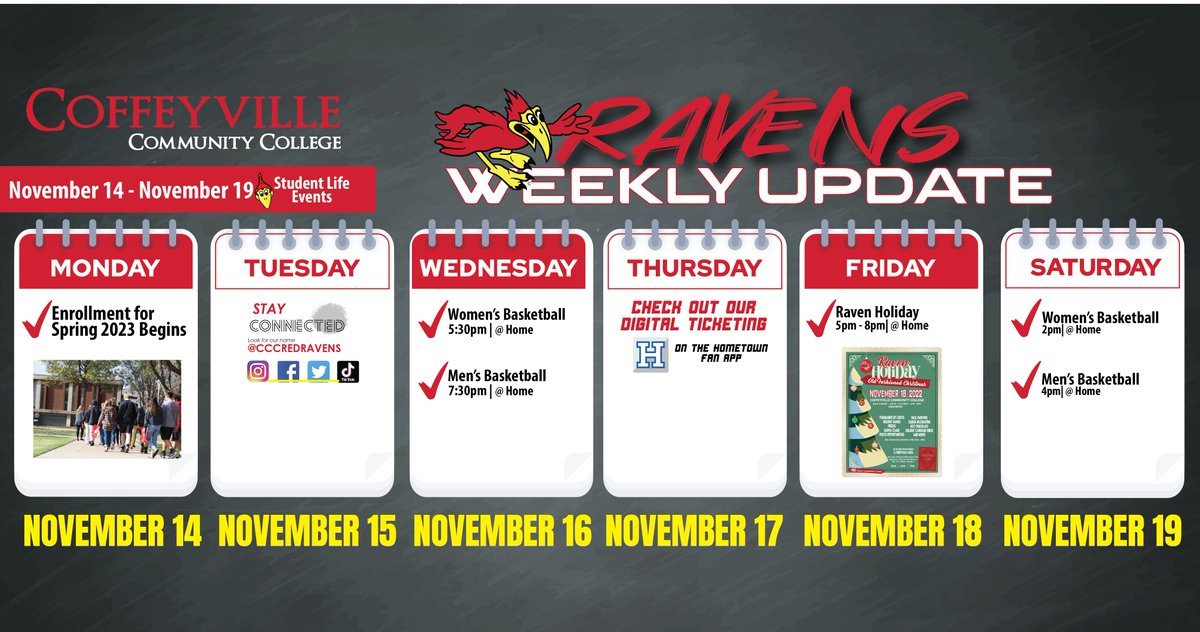 cccredravens's tweet image. Here's what we have going on around campus this week!! Be sure to enroll in Spring Classes today and bring your loved ones to Raven Holiday this Thursday!!

#ravenholiday #redravenenrollment