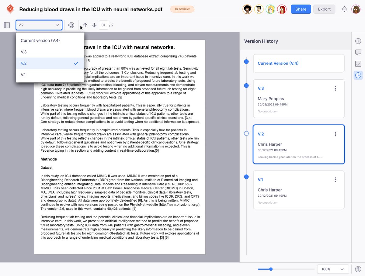 The doDOC PDF Reviewer offers version control so users can save versions of the #document, see older versions, and restore them as needed. This enables #writers to keep a comprehensive audit trail over the entire document’s history.