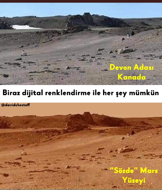 davidchestoff's tweet photo. NASA'nın "Mars yüzeyi" diye yutturduğu araziler aslında Kanada'nın Devon Adası'nda yer alıyor. 🔍

Bu durumu çakan bazı kişiler, buralara gidip adadan 'gerçek' fotoğraflar çekiyor.

Ortada milyarlarca dolarlık tezgah var. İnsanlar derin uykuda ‼️

#NASALies #FlatEarth #DüzDünya https://t.co/c1U5kDivQE