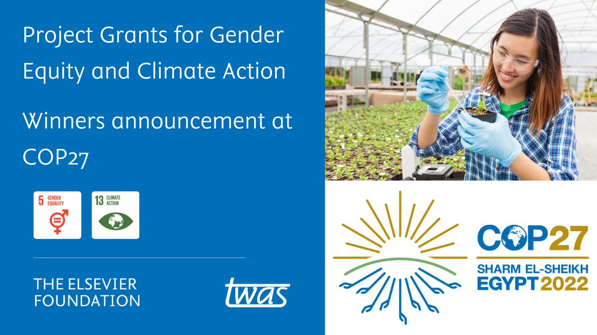 TWASnews's tweet photo. TWAS and @ElsFoundation will announce the winning proposals for their Project Grants for Gender Equity and Climate Action tomorrow at #COP27!
Eight teams of #WomenInSTEM from #STLCs will receive support for #ClimateAction projects.
Register to join us: https://t.co/Qy6O4LzoVY https://t.co/x4c0gA37YP