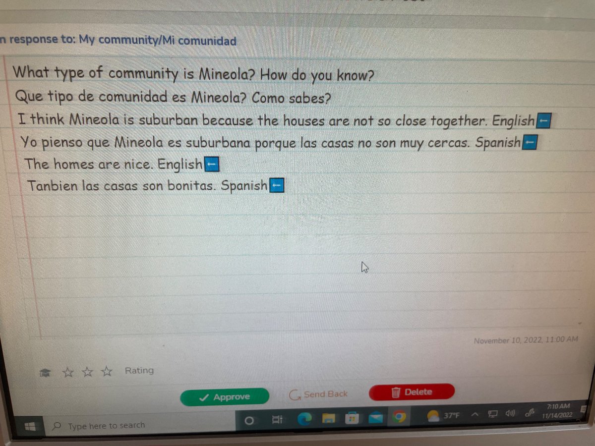 MissBauer9's tweet photo. Learning about our Mineola community, love these learners bilingual responses! @misscastello1 #MineolaProud https://t.co/C8wVlEtB1e