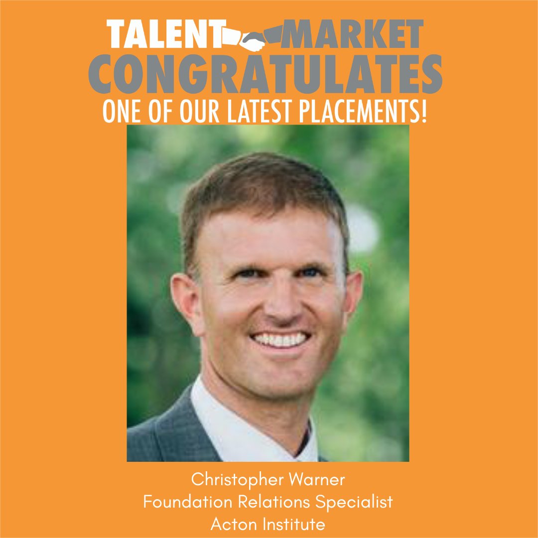 TalentMarket's tweet photo. 🎉🎉Congratulations to recent Talent Market placement, Christopher Warner, for joining @ActonInstitute as their Foundation Relations Specialist!🎉🎉
#libertyjob #developmentjob #GrandRapidsMI https://t.co/9O1347S2mT