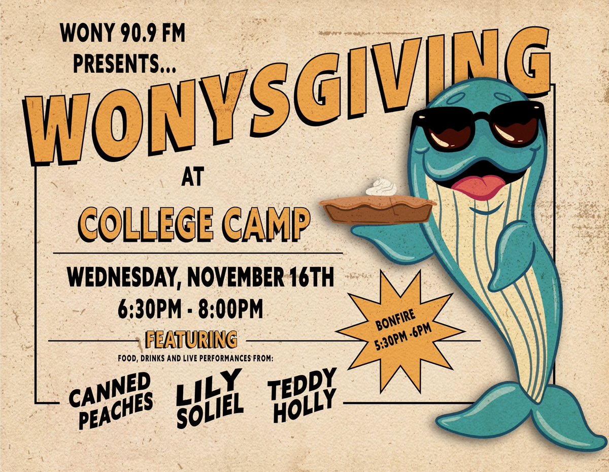 WONYFM's tweet photo. You're invited to WONYSGIVING! Join us this wednesday, November 16th for a Bonfire
(5:30-6), food and drinks, and live performances from Canned Peaches Lily Soliel and Teddy Holly ! Music starts at 6:30, hope we see the whole WONY family together 🧡 
Art by @/ villa.artista on ig https://t.co/DDJu9MXmgC