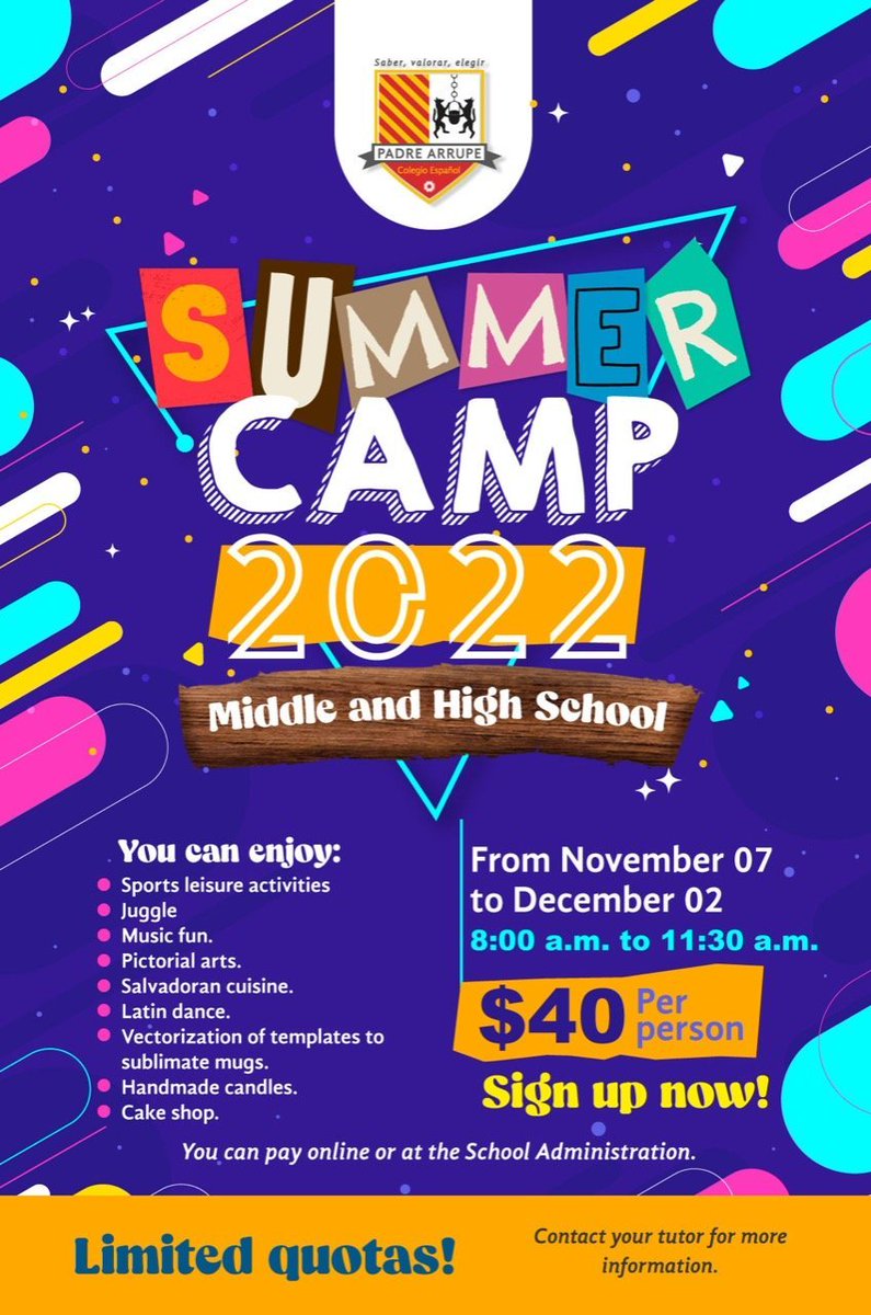 veronicalap2016's tweet photo. Buenos días   queridos estudiantes. Todavía Estas a tiempo de inscribirte a nuestro Summer Camp 2022". 
#SomosArrupe2022 #EducacionDeCalidad #SiempreMásParaLosDemás
#Calidad #Educación #EducacionSv https://t.co/FuPlWeHuWA