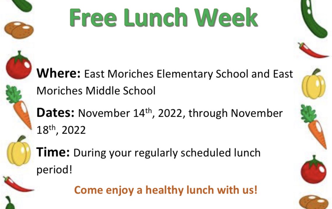 EMorichesES's tweet photo. Reminder: This week is free lunch week in EMO! ⁦@EastMorichesSD⁩ ⁦@EMorichesMS⁩ https://t.co/77u61vnyMu