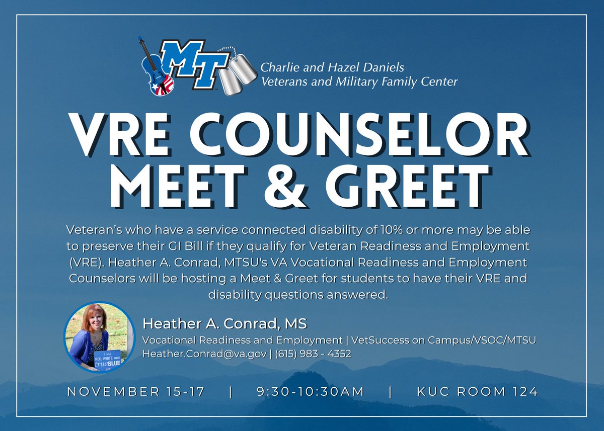 Tuesday, November 15th through Thursday, November 17th from 9:30-10:30 a.m. each morning the Daniels Center will be hosting a meet and greet with our resident VRE Counselor, Heather Conrad. If you have questions about a service-connected disability, stop by to speak to Heather!