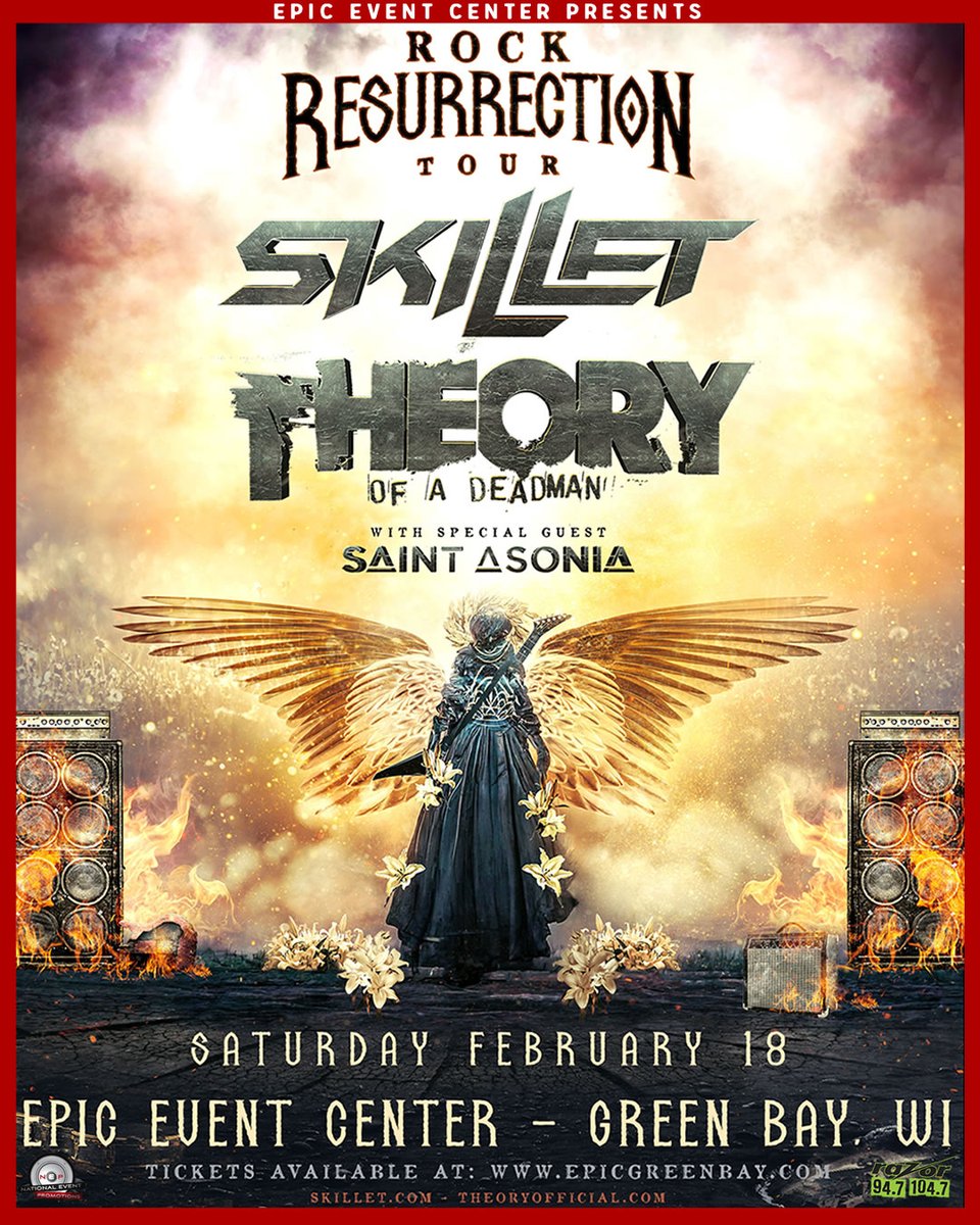 EPICGreenBay's tweet photo. 🔥 𝗝𝗨𝗦𝗧 𝗔𝗡𝗡𝗢𝗨𝗡𝗖𝗘𝗗! 🔥
Skillet and Theory of a Deadman: Rock Resurrection Tour w/ Saint Asonia!

SHOW:  Saturday, 2/18
ONSALE:  Friday, 11/18 at 10 a.m.

For more info or tix:  https://t.co/7r9PncYV8U.

@skilletmusic @TheoryMusic @saintasonia @RazorWisconsin https://t.co/M4CdeNViJc