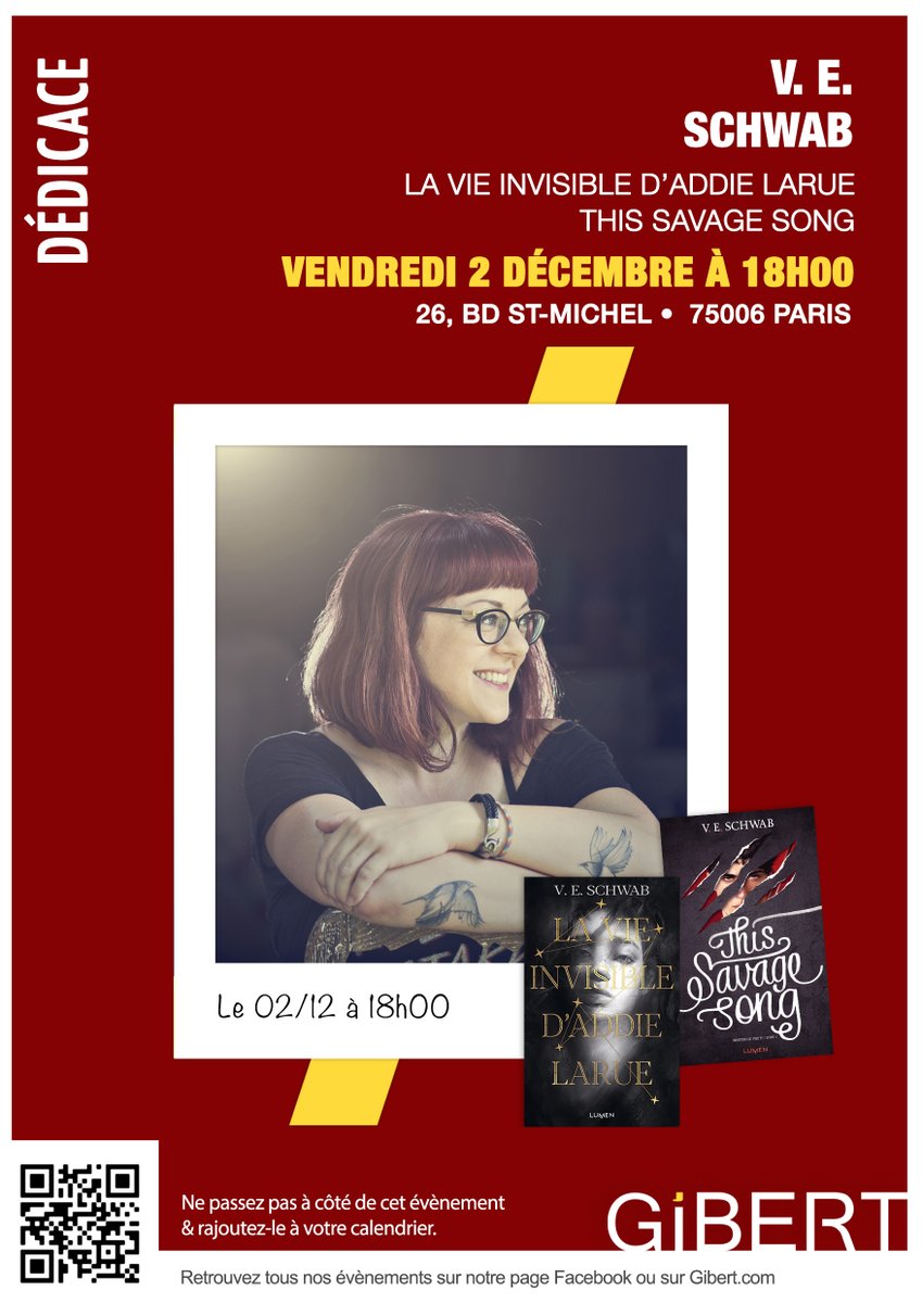 L’autrice prodige V. E. Schwab dédicacera ses romans à la librairie Gibert Joseph Saint-Michel le 2 décembre de 18h à 19h. Il vous faudra vous inscrire au préalable, plus de détails sur le compte Instagram Giberteens !