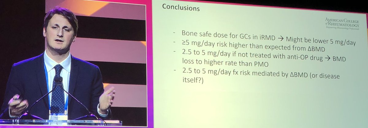 Low dose #glucocorticoids in rheumatic diseases can lower bone mass and increase # even 2.5 mg #prednisone. The change in #BMD was more predictive of fracture not absolute BMD. L01 #ACR22 #ACRBest @RheumNow