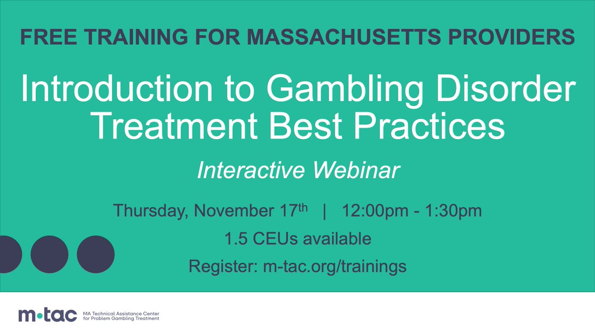 Div_Addiction's tweet photo. Massachusetts treatment providers – don’t miss this virtual training on problem gambling treatment! Register for this Thursday’s free webinar, offered through the MA Technical Assistance Center for Problem Gambling Treatment: https://t.co/QUaNT3K50K @HRiAction @MassDPH https://t.co/GJe6nyqgw3