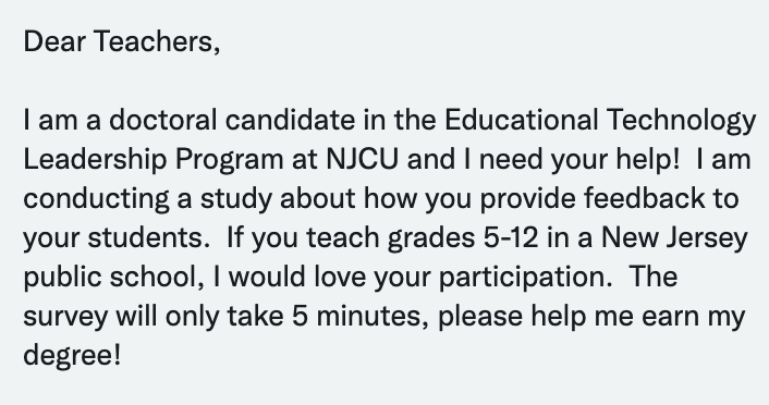 edtechwithlisa's tweet photo. From my colleague @mrsmzgombic
She's working on her dissertation and needs responses from #MSedchat and #HSedchat educators. #edchat
Please fill out her form
https://t.co/YxvEuQcfbd https://t.co/KtCStUAj7M