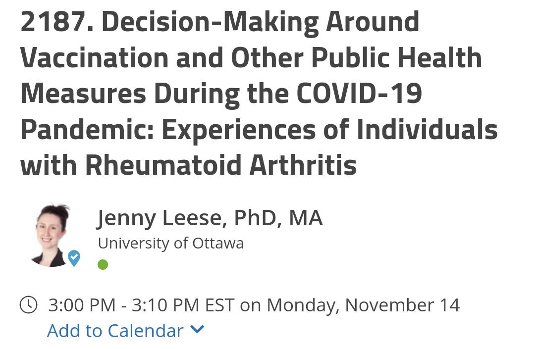 Calling all care providers! Must see presentation #ACR22

Decision-Making Around Vaccination and Other Public Health Measures: Experiences of Individuals with RA with <a href="/JennyLeeseKT/">Jenny Leese, PhD</a> <a href="/chroniceileen/">Eileen Davidson - Rheumatoid Arthritis Advocate</a>

3pm EST in Ballroom AB 

<a href="/CherylKoehn/">Cheryl Koehn</a> <a href="/LLi_1/">Linda Li</a> @