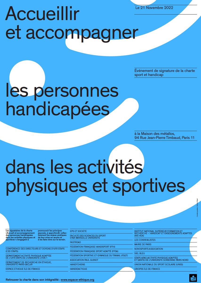 EspaceEthique's tweet photo. 🔴La Charte #Sport & #Handicap propose des repères pour accueillir et accompagner les personnes handicapées dans les activités physiques et sportives
Vous êtes cordialement invités à sa présentation le 21/11 à 9h @MaisonMetallos
➡️Inscriptions : https://t.co/9iCaTBAelP
#Paris2024 https://t.co/d8UCFzohtv