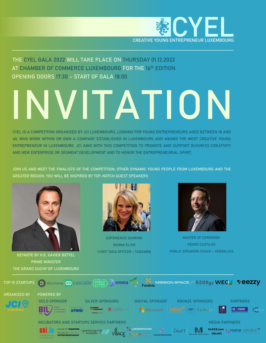 StartupLu's tweet photo. The 16th edition of the #CYEL Awards Ceremony will take place on 1st Dec 🏆
#JCI aims with this competition to promote and support business creativity and new enterprise or segment development and to honor the #entrepreneurial spirit.
Register here 🔻
https://t.co/qSkWLyty0Y https://t.co/BeaQ3K71PM
