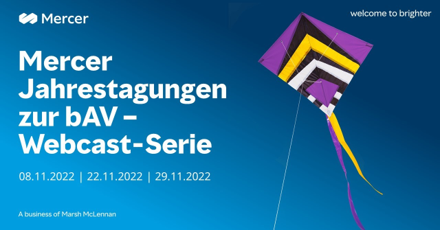 Sind Sie dabei? Im Rahmen der Mercer Jahrestagungen zur #bAV erwarten Sie praxisrelevante Vorträge rund um moderne, kapitalmarktorientierte Altersversorgung, digitale bAV-Verwaltung sowie aktuelle Entwicklungen in der Rechtsprechung. #wealth bit.ly/3X3GSCT