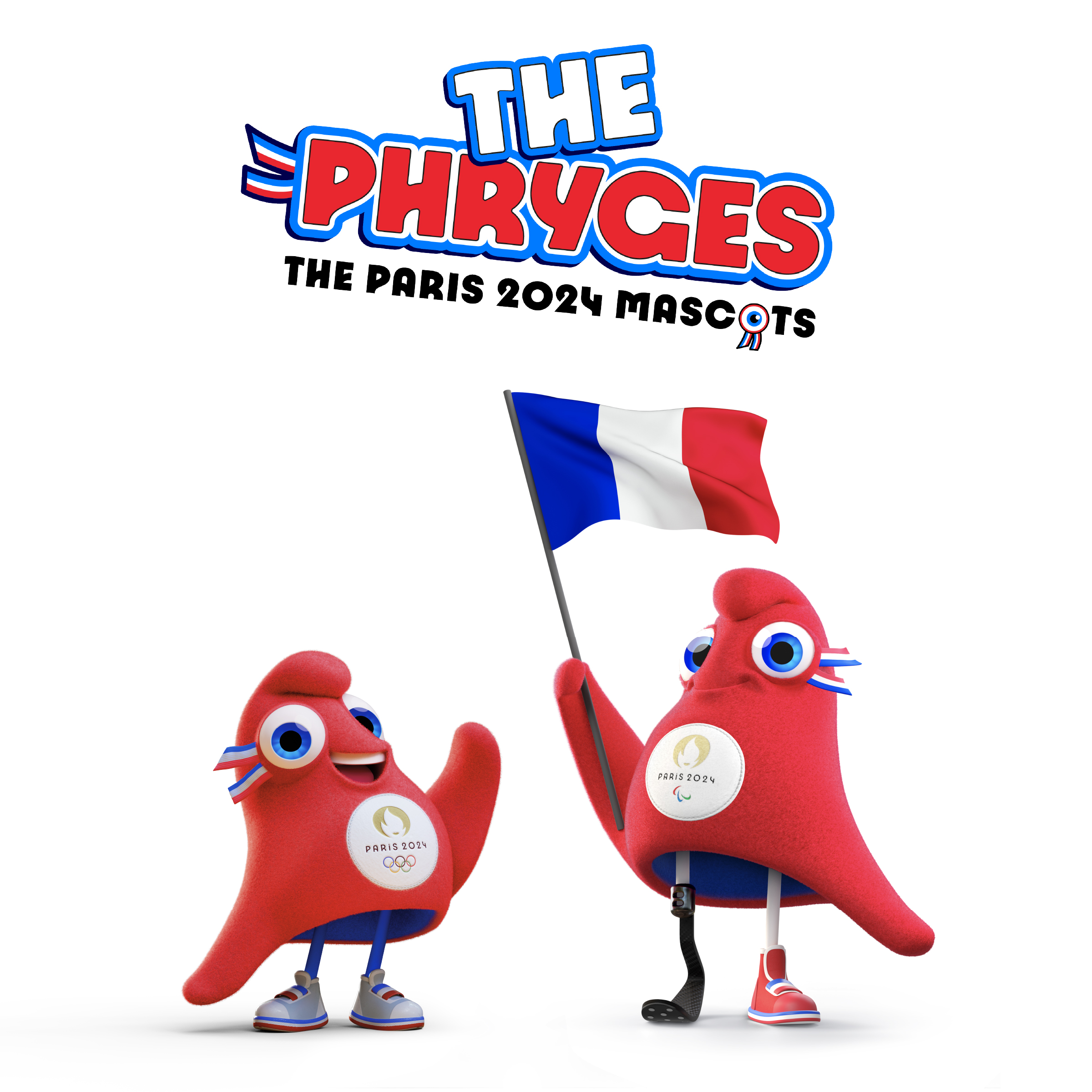 Visuel 3D des 2 mascottes de Paris 2024. Appelées "Les Phryges", ces deux petits bonnets phrygiens sont rouges avec l'emblème des Jeux Olympiques sur le ventre pour l'un et avec l'emblème des Jeux Paralympiques pour l'autre (celui-ci a une lame prothétique à la jambe droite).3D visual of the 2 mascots of Paris 2024. Called "The Phrygians", these two small Phrygian caps are red. One of them have the Olympic Games emblem on the belly and the other one have the Paralympic Games. The Paralympic mascot has a prosthetic blade on the leg.