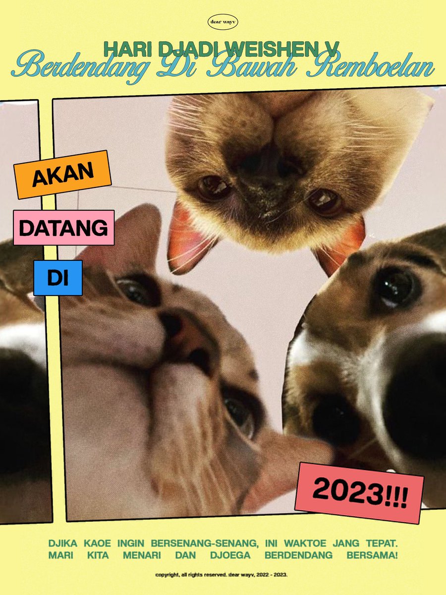 HARI DJADI WEISHEN V
🌙🕺𝐁𝐞𝐫𝐝𝐞𝐧𝐝𝐚𝐧𝐠 𝐃𝐢 𝐁𝐚𝐰𝐚𝐡 𝐑𝐞𝐦𝐛𝐨𝐞𝐥𝐚𝐧 💃🌙

Dalam rangka menyambut hari jadi WayV yang ke-4, dearwayvid akan mengadakan berbagai macam rangkaian kegiatan di bulan Januari 2023 mendatang ✨️

So WayZenNi, stay tune~