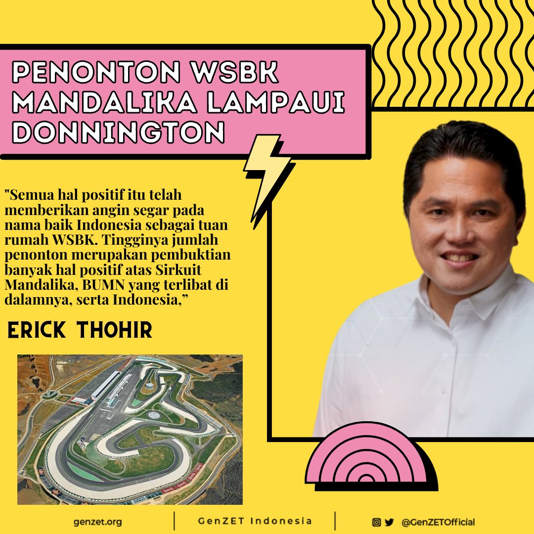 Menteri BUMN Erick Thohir menyatakan kegembiraannya atas pencapaian jumlah penonton di Mandalika melampaui jumlah penonton WSBK di Sirkuit Donnington, Inggris. Menunjukan kepercayaan publik terhadap sarana di sirkuit. 

<a href="/erickthohir/">Erick Thohir</a>
#GenZETIndonesia 
#ErickThohirJujurBersih