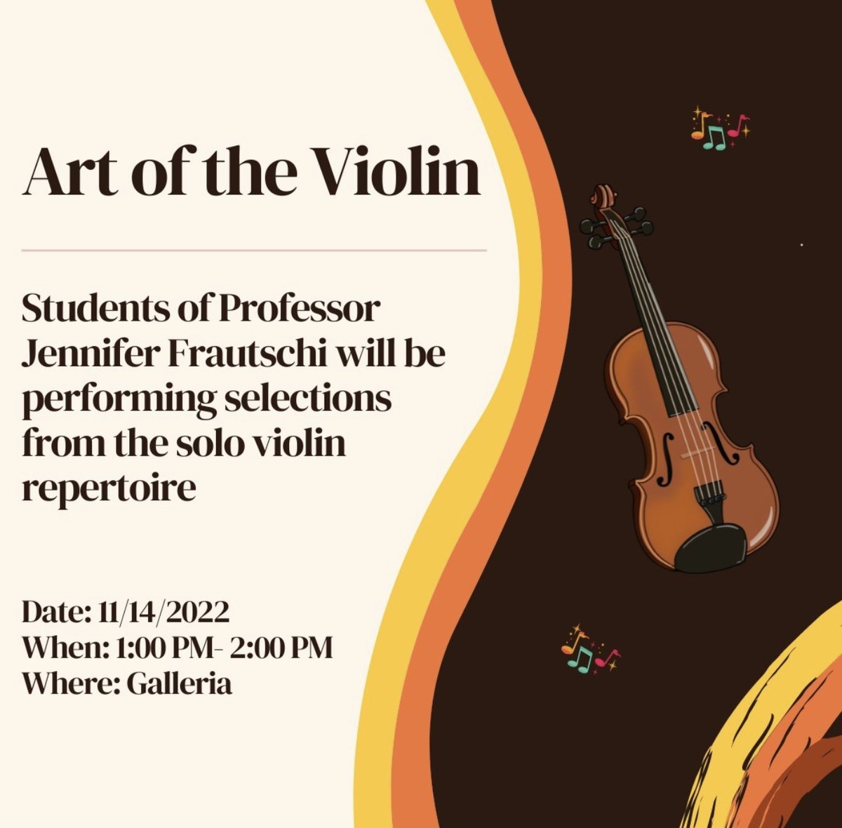 sbulibraries's tweet photo. Stop by an enjoy a violin performance by students of Professor Jennifer Frautschi performing selections from the solo violin repertoire in the Galleria. #sbulibraries #violinperformance https://t.co/kxKHbmeBqg