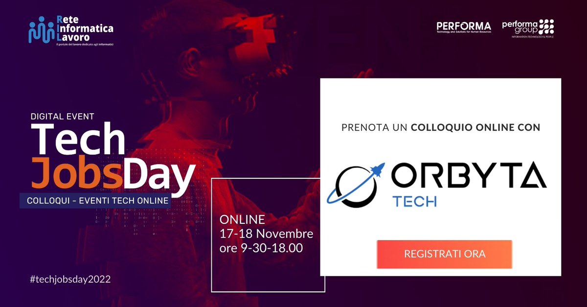 Reteinformatica's tweet image. Al #techjobsday2022 incontra il team HR di Orbyta, società di consulenza informatica ✅ Scopri le posizioni aperte.✅ Prenota un colloquio: bit.ly/31uOl5P

#tech #development #carriera #lavoro