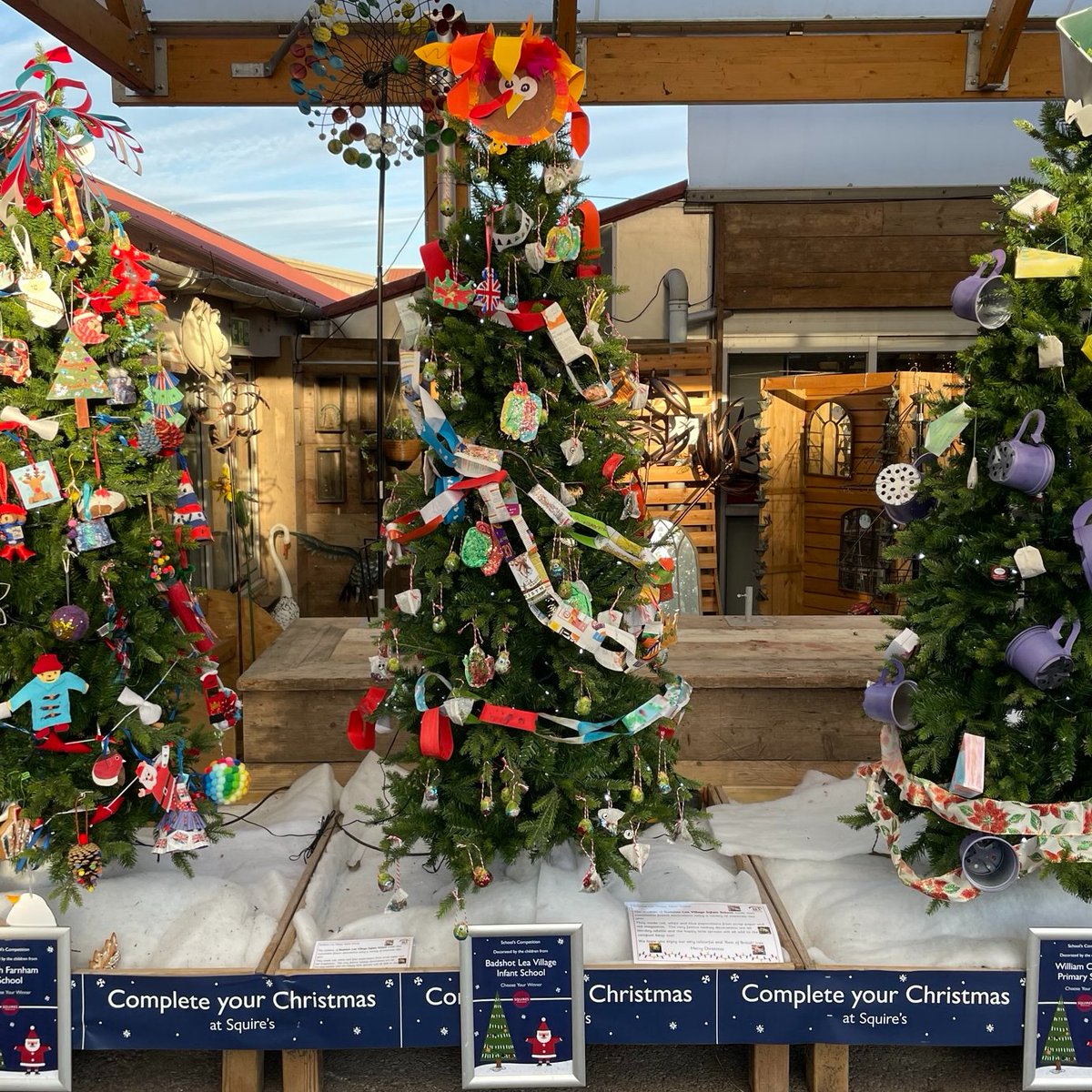 BLVISchool's tweet photo. The School Council had a great time @SquiresGC, decorating a tree with the theme of 'Best of British'.  What's more British than Christmas Dinner? Sprouts and turkey all washed down with a delicious cup of tea.  And it's all recycled or biodegradable!  Please vote for us 🙏🎄 https://t.co/JkrgVwiGZg
