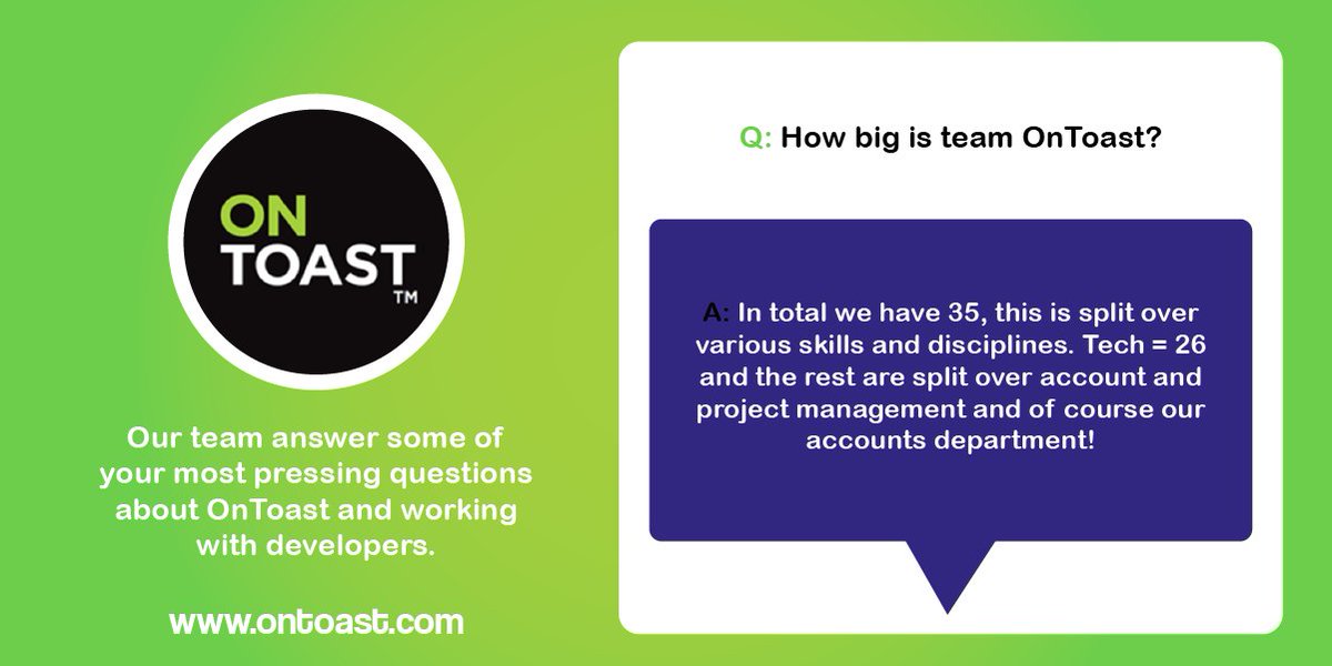 Q&amp;A:

How big is team OnToast?

#whitelabel #technology #mobileapplications #webdevelopment #software #projectmanagement