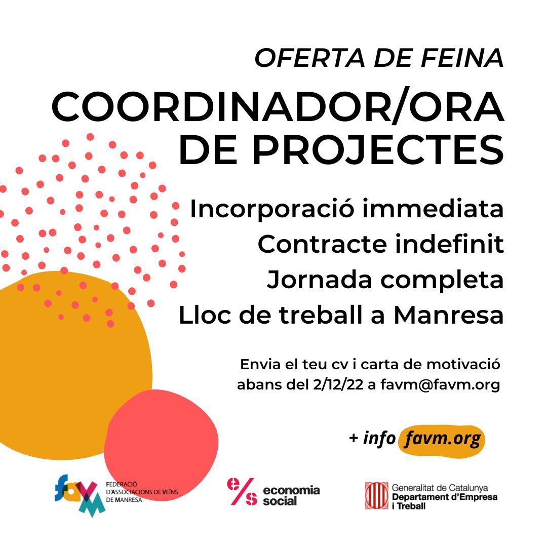 erro_toni's tweet photo. M’ha arribat que la FAVM busca incorporar una persona.✨(👇) Rt🙏
La Federació d'Associacions de veïns de Manresa busca una persona per engegar una iniciativa innovadora al territori. Més informació a https://t.co/nAdWaxrzUD o a través de l'enllaç https://t.co/ONzckaXpTe https://t.co/PJmDI5RDPc