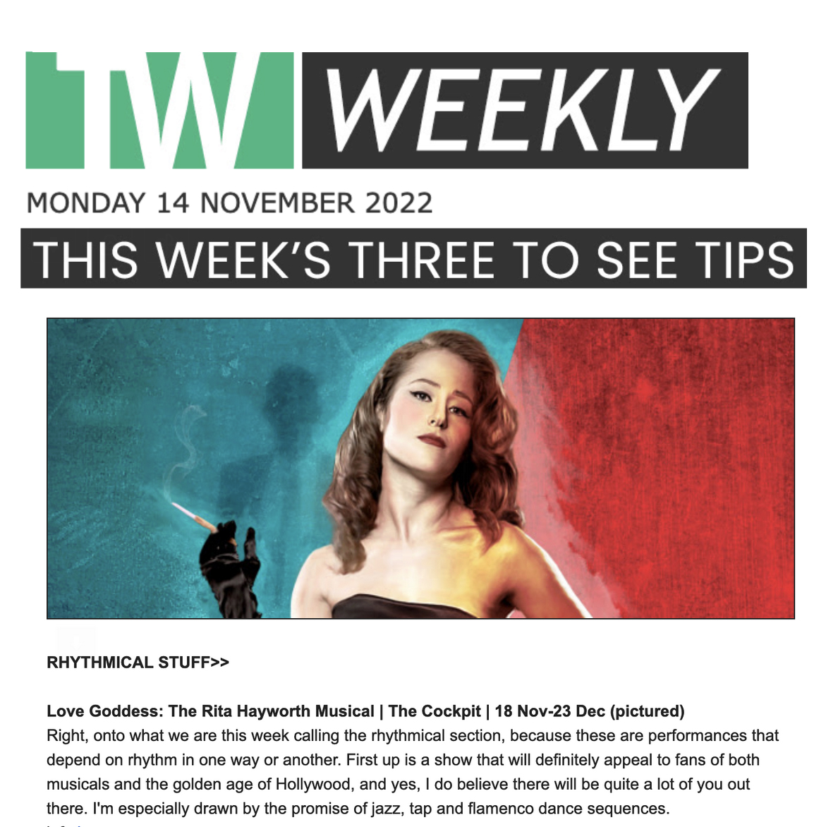 KevinWilsonPR's tweet photo. CRITICS CHOICE! 'Love Goddess The Rita Hayworth Musical' is one of TW WEEKLY'S Three to See hot picks - check out the world premiere at @cockpittheatre from Friday https://t.co/kwNY2Br8Z4 @LoveGoddessMus https://t.co/pLN5ewPBNZ