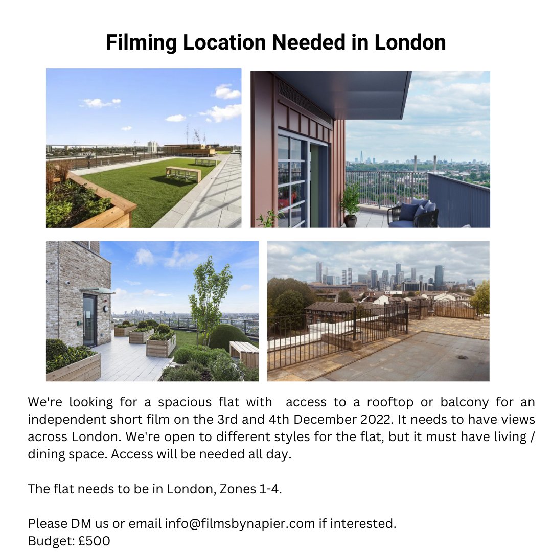 Looking for a location in London for our next independent short film - email info@filmsbynapier.com if you know of anywhere please. Full details below 👇🏾