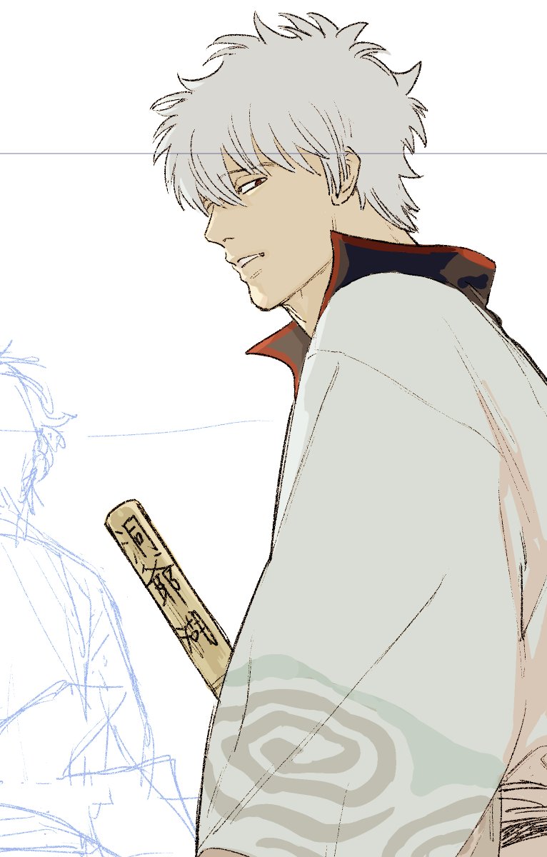 sakata gintoki male focus 1boy solo japanese clothes weapon sword parted lips  illustration images