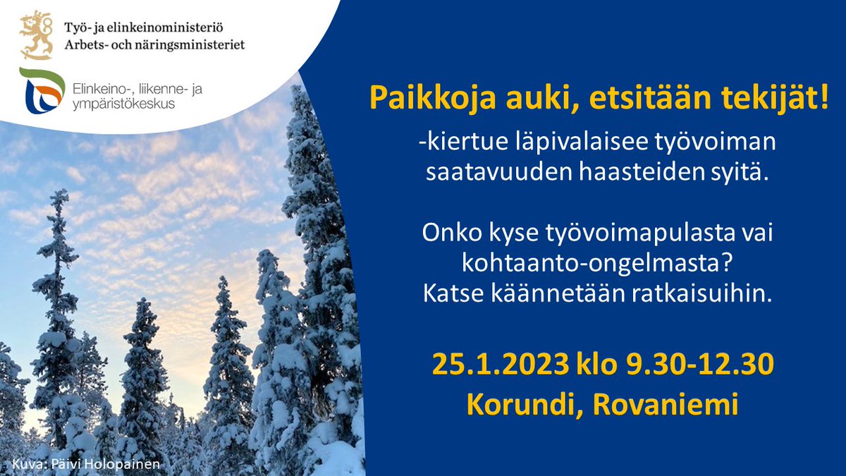 elinvoimak_LAP's tweet photo. Tule kuulolle, kun työministeri @TuulaHaatainen ja TEMin asiantuntijat kertovat #Työvoimatiekartta-hankkeen tuloksista #Lappi osalta. Ratkaisuja esittelevät mm. yritysten, koulutuksen järjestäjien ja hallinnon edustajat. #ELYkeskus

👣Ilmoittaudu mukaan: https://t.co/GLN5InvxEX https://t.co/A2koOQaKGo