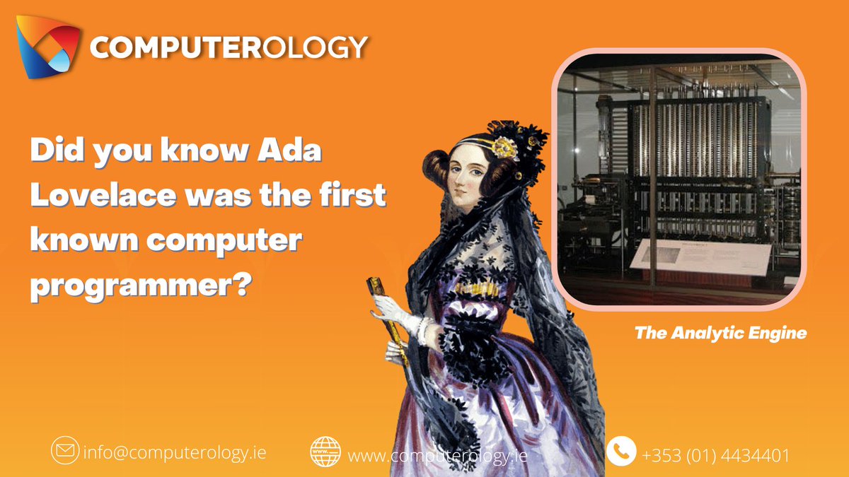 Computerologyie's tweet photo. Did you know the first known computer programmer was a woman?

Ada Lovelace worked as a mathematician and writer and is famous for working on the “Analytical Engine.”

#TechFactThursday https://t.co/5Qo6M7FLpj