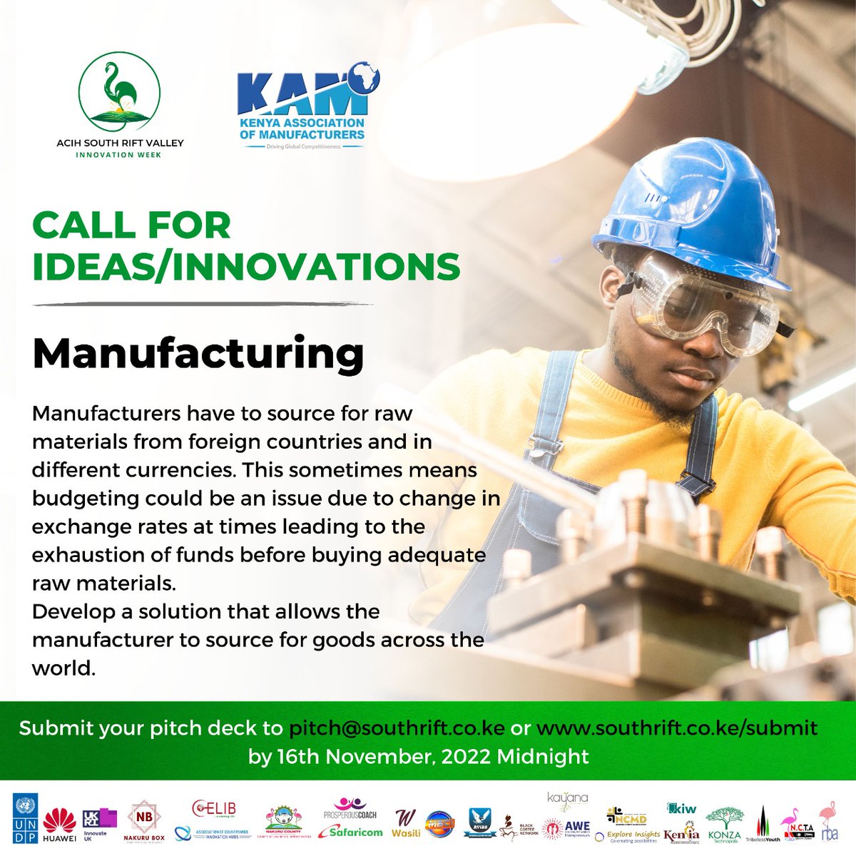 riftweek (@sriftweek) on Twitter photo Call for ideas/ innovators in Agriculture, Tourism, Manufacturing and Transport industries.
Submit your pitch deck to pitch@southrift.co.ke or southrift.co.ke/submit
By 16th November, 2022, Midnight.
#ACIHweeks22
#SRVIW2022 Call for ideas/ innovators in Agriculture, Tourism, Manufacturing and Transport industries.
Submit your pitch deck to pitch@southrift.co.ke or southrift.co.ke/submit
By 16th November, 2022, Midnight.
#ACIHweeks22
#SRVIW2022
