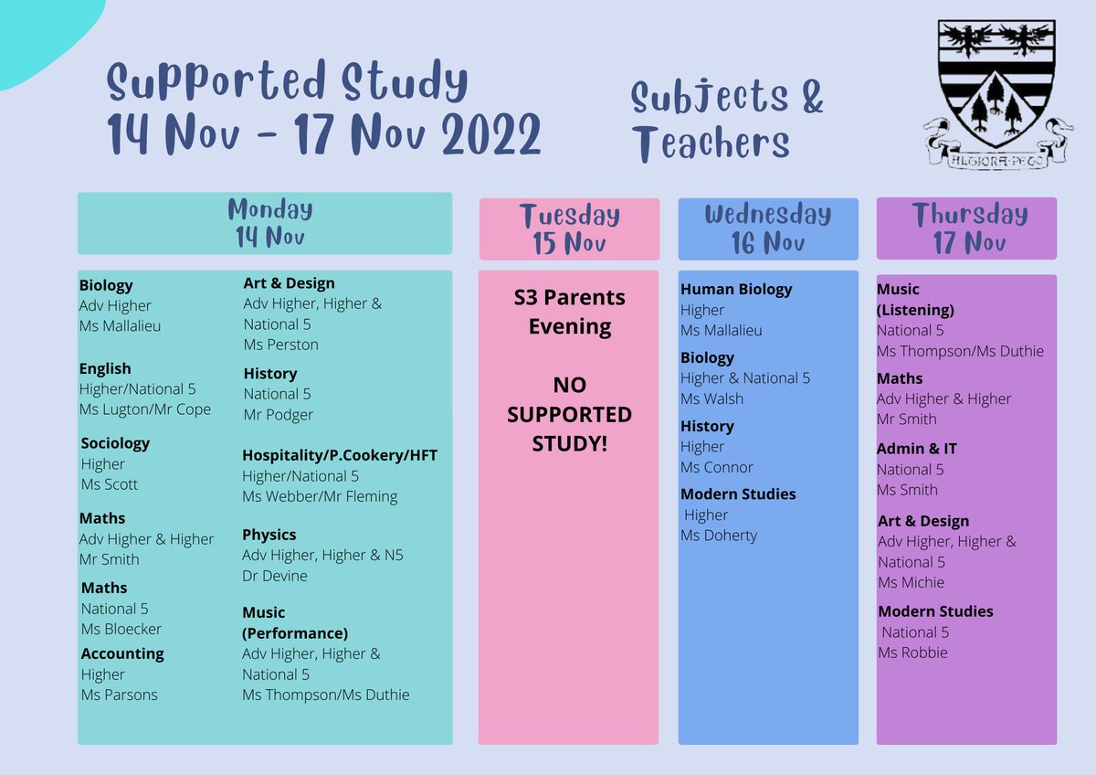 Here’s this week’s Supported Study timetable. Please note there are no sessions on Wednesday due to Parents Evening. Still lots to choose from though!