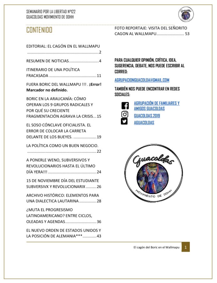 ESTIMADOS/AS
COMPARTIMOS CON USTEDES EL SEMANARIO POR LA LIBERTAD 122, TITULADO "EL CAGON DEL BORIC EN EL WALLMAPU".

PARA VER Y/O DESCARGAR SEMANARIO LO PUEDE HACER EN EL SIGUIENTE LINK:
semanariolibertad.files.wordpress.com/2022/11/semana…
SALUDOS!!