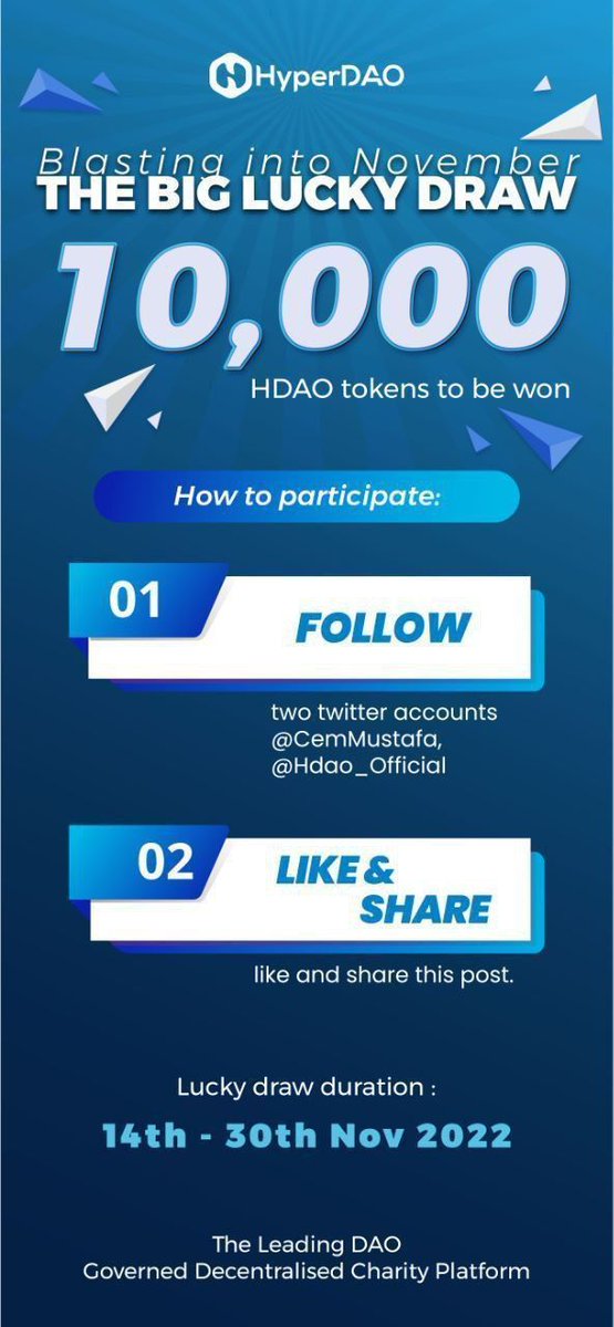 Hdao_Official's tweet photo. November lucky draw has started. Lucky lottery for November has started. Here's what you need to do
1️⃣Following 2 Accounts
  @hdao_official
@CemMustafa
2️⃣ Like and Retweet the post https://t.co/LUY6WI0M7q