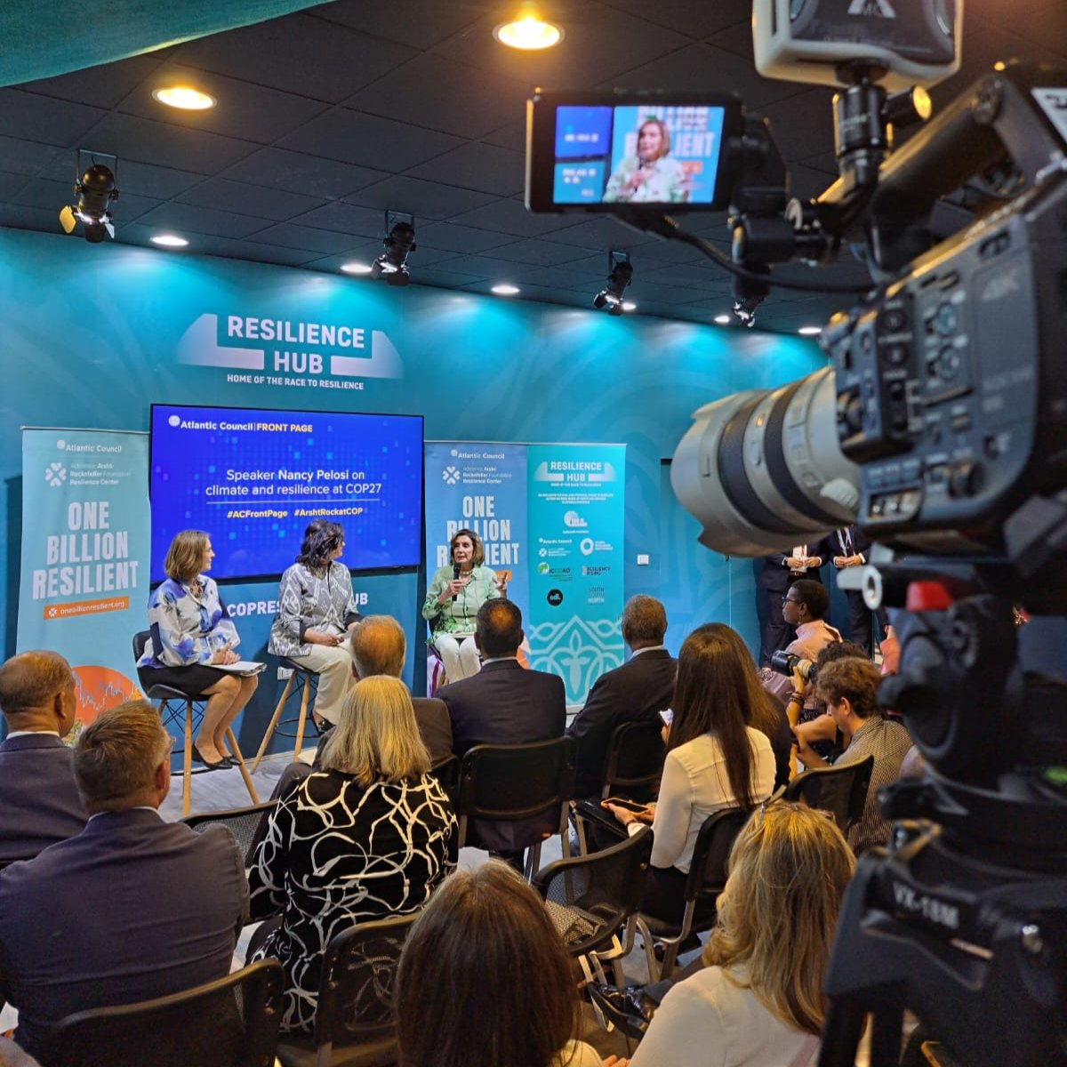 Last week, Nancy Pelosi attended the COP27 Resilience Hub we’re producing!
 
Nancy Pelosi joined U.S. Rep. Kathy Castor and Kathy Baughman McLeod. The discussion was about climate adaptation &amp; how resilience solutions can be supported worldwide.
 
Onto day 9!
 
#cop27 #livestream