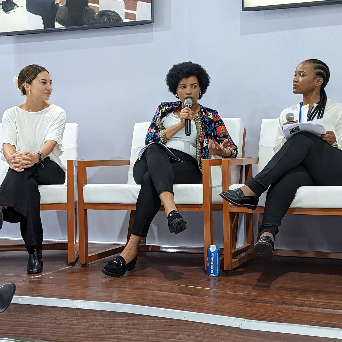 ParisOrtizWines's tweet photo. First day at #COP27 &amp; starting off strong.

As a part of gender day, @Princymthombeni, @raquelhs25, @MyrtoTripathi &amp; I came to the IAEA pavilion to shed some light on women in the nuclear space. https://t.co/nas88NHTbS
