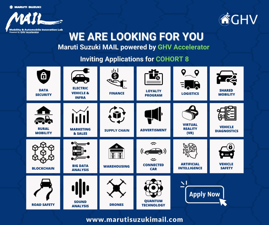 MSInSociety's tweet photo. Cohort 8 of Maruti Suzuki MAIL  powered by @GHVAccelerator is inviting applications from the most innovative startups across domains.
Apply now: https://t.co/pVABXEvvW8
@MAILbyMS
 
#beyondmobility 

#deeptech #startupindia #scalewithmail #startups #entrepreneur https://t.co/0bHJPXdTun